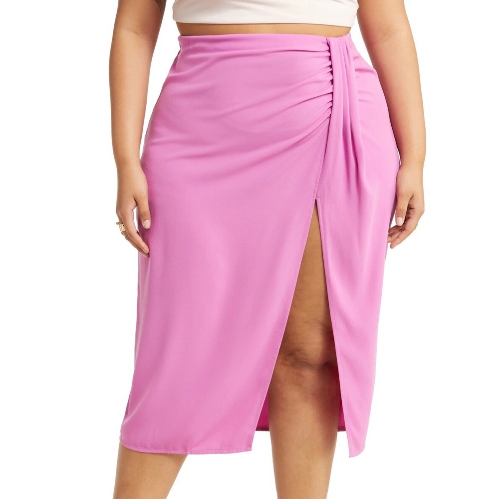NWT Women's Open Edit Faux Wrap Midi‎ Skirt Pink Rosebud - Size 1X